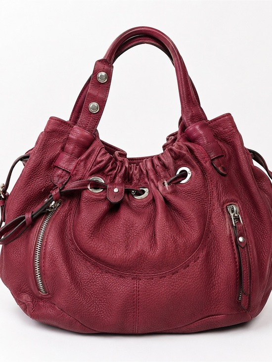 b. makowsky Handbags - b. makowsky Burgundy Drawstring Pebbled Leather Shoulder Bag